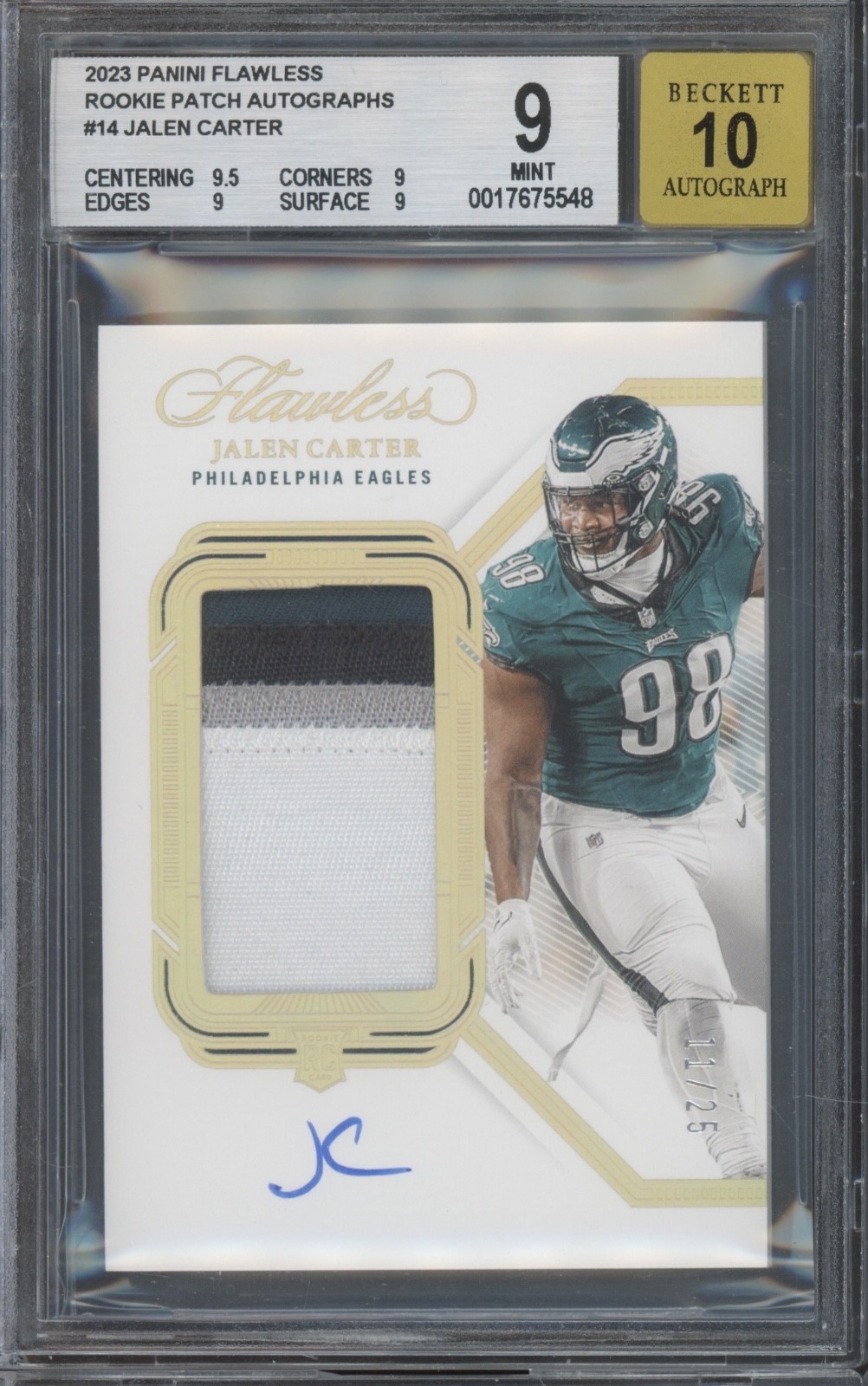 2023 Panini Flawless #14 Jalen Carter 11/25 Patch Autograph RC Mint BGS 10 Auto