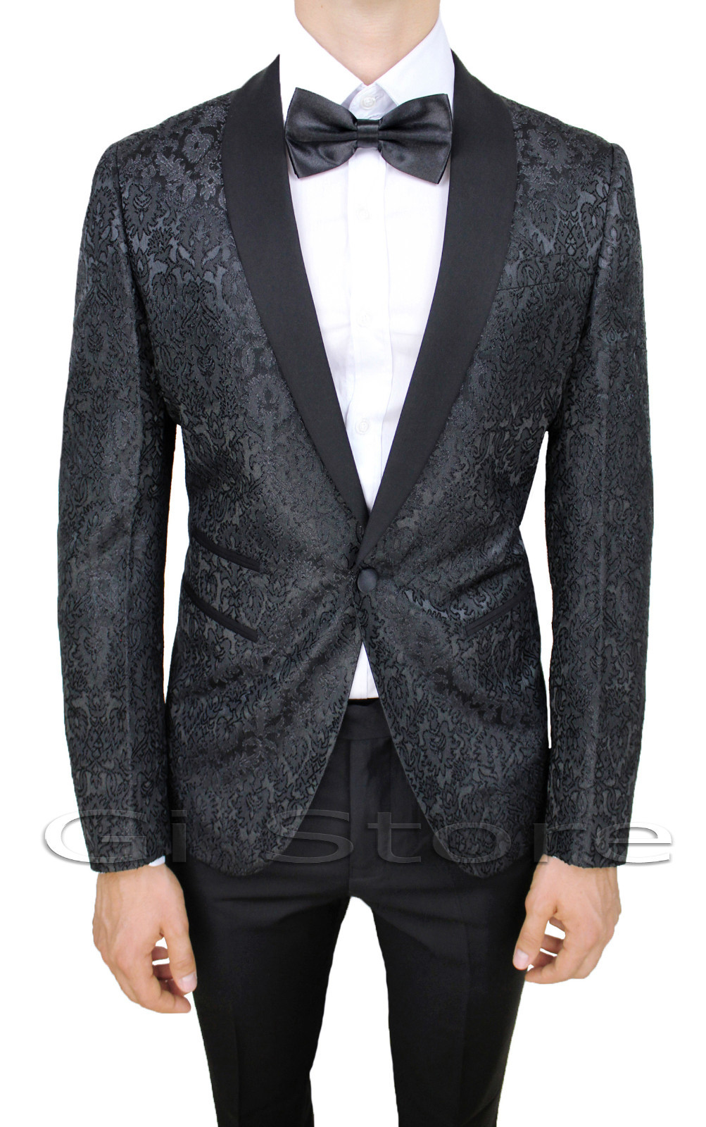 ABITO UOMO DIAMOND RASO NERO DAMASCO FLOREALE COMPLETO VESTITO TIGHT  CERIMONIA