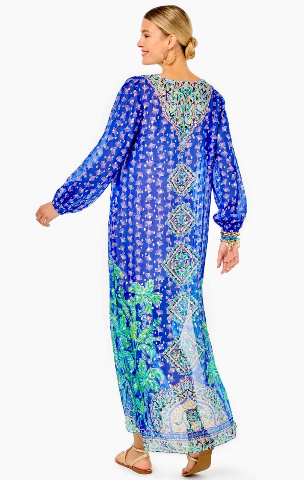 Pre-owned Lilly Pulitzer Jupiter Silk Maxi Caftan Blue Fan Favorite $548 S/m, L/xl In Multicolor