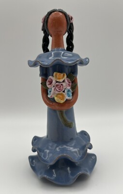 Artesania Lime 7  Faceless Girl w Braids Figurine Floral Bouquet Blue Dress