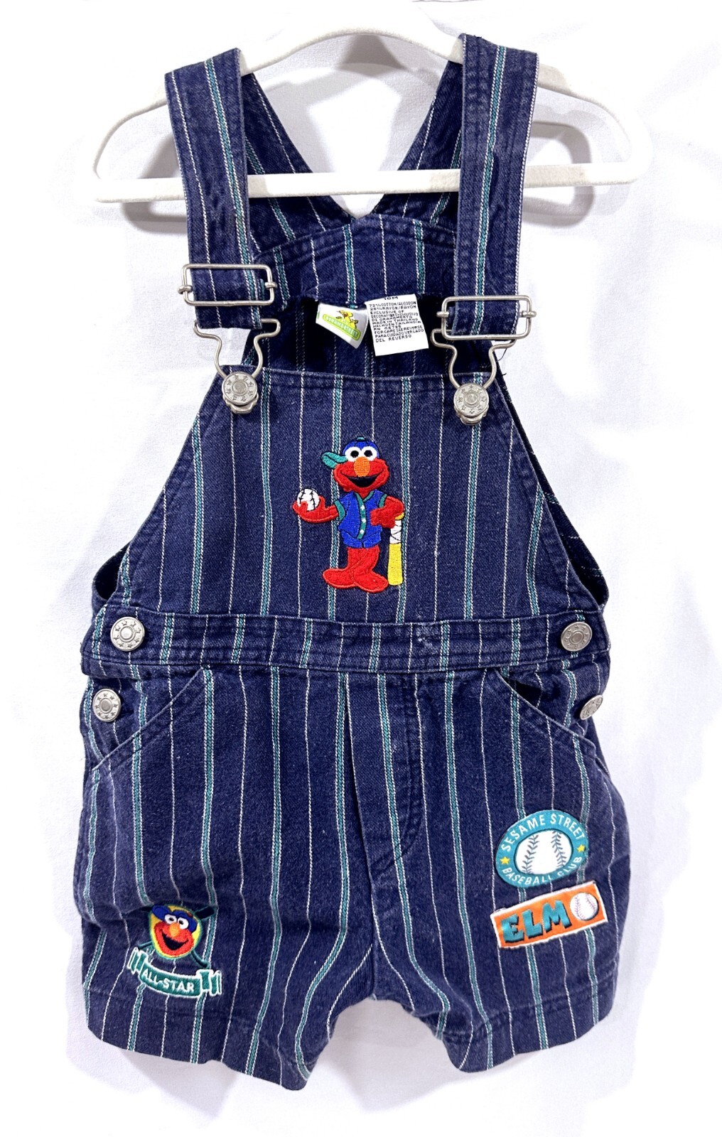 Vintage 90s Y2K Sesame Street Elmo Baseball Striped Denim Overalls 18 Month RARE