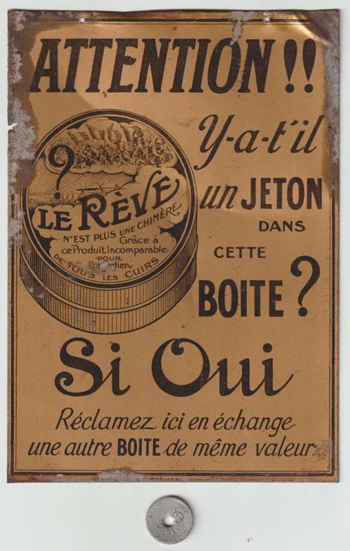 Ancienne TÃ´Le Publicitaire  Boite  De Cirage Le RÃVe -  Avec Jeton