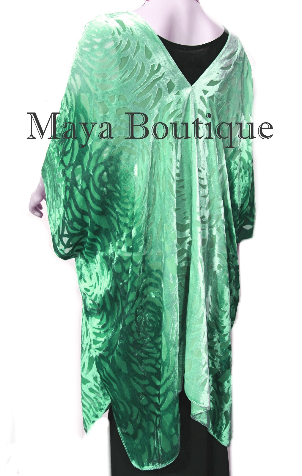 Pre-owned Maya Matazaro Emerald Green Camellia Burnout Velvet Caftan Kimono Ombre Hand Dye