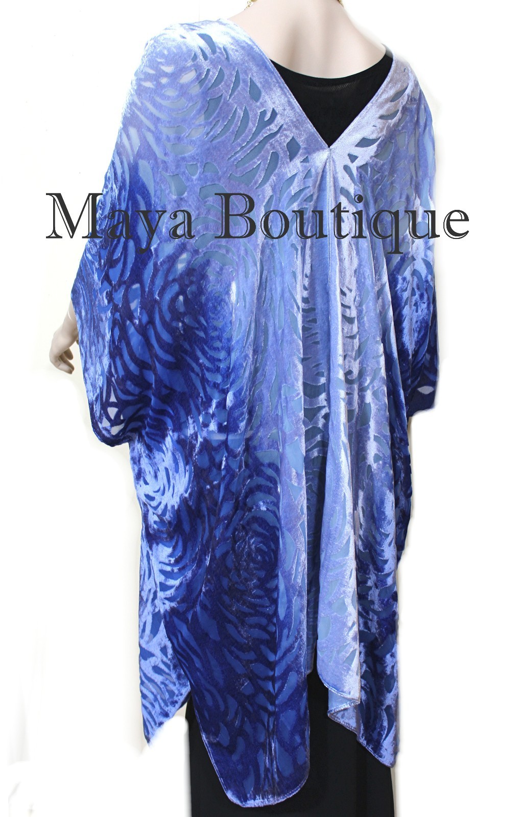 Pre-owned Maya Matazaro Niagara Blue Ombre Camellia Burnout Velvet Caftan Kimono Hand Dyed