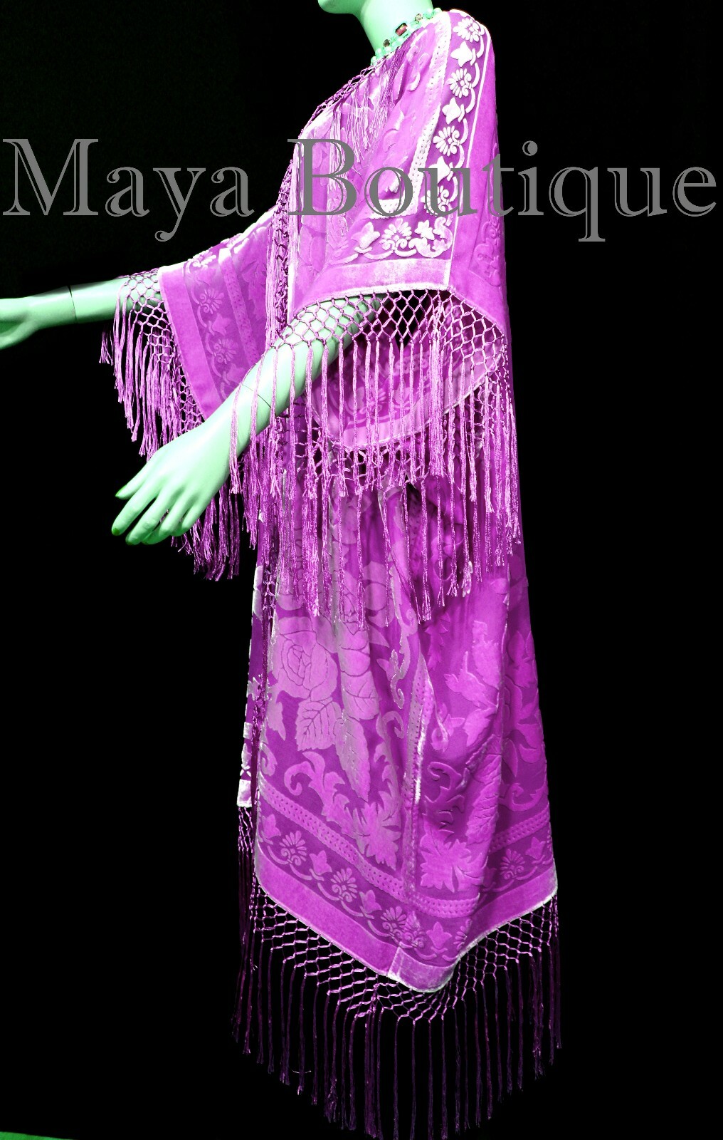 Pre-owned Maya Matazaro Fringe Jacket Kimono Duster Silk Burnout Velvet Candy Pink  Plus