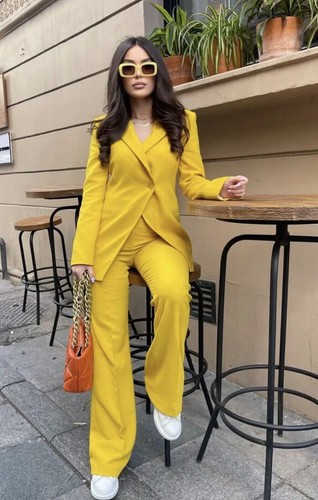 Pre-owned Zara Co-ord Set Double Breasted Blazer +flared Pants Yellow 2277/628- 2248/628