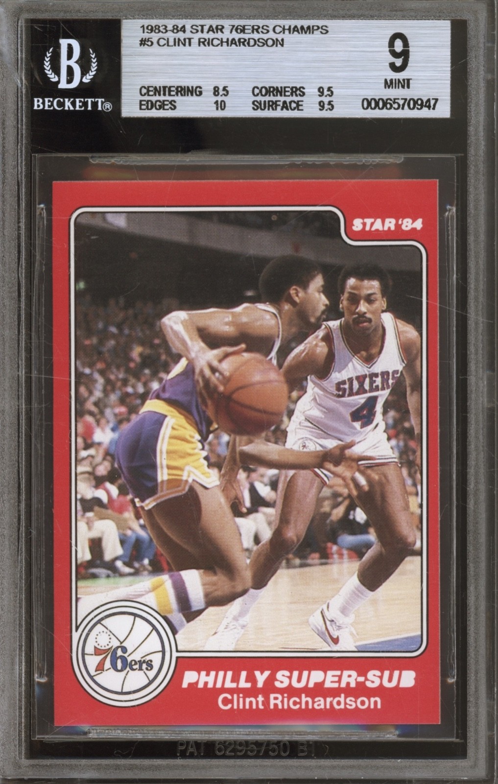 1983 Star 76ers Champs Basketball #5 Clint Richardson Mint BGS 9 Chipped Case