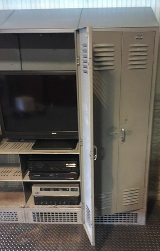Vintage Gym Lockers Re purposed Entertainment Center  Industrial Steel Cabinet