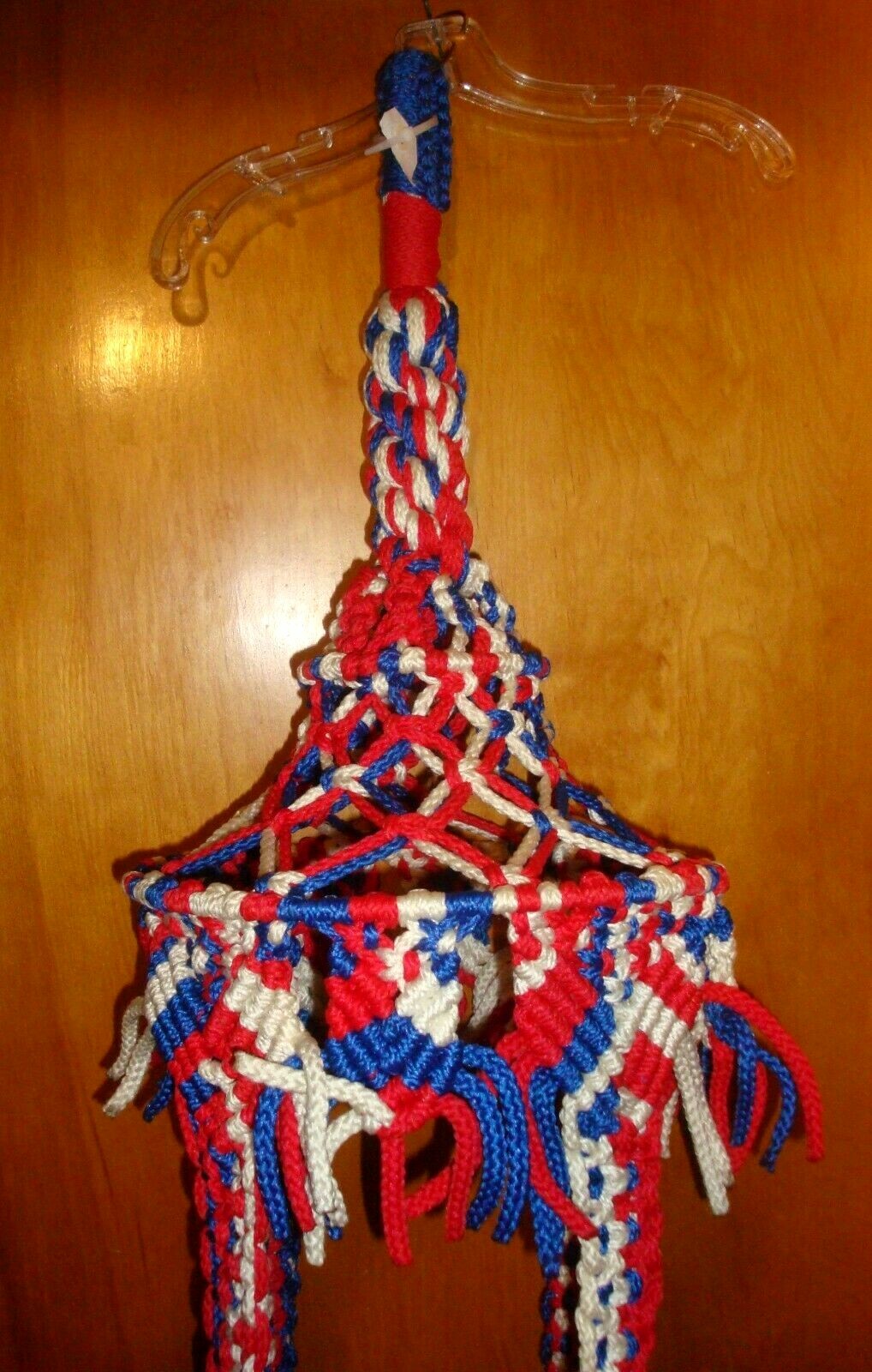 VTG MACRAME Plant Holder RED White Blue Double Plant Holder OVER 5 FT TALL