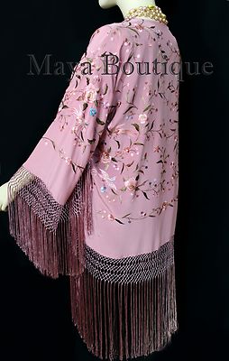 Pre-owned Maya Matazaro Embroidered Silk Fringe Jacket Kimono Strawberry Ice Multi Birds Flower Maya