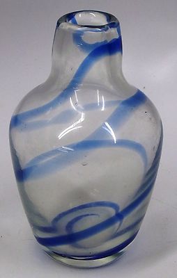 Antique Hand Blown Bottle or Vase Blue Swirl in Clear Glass