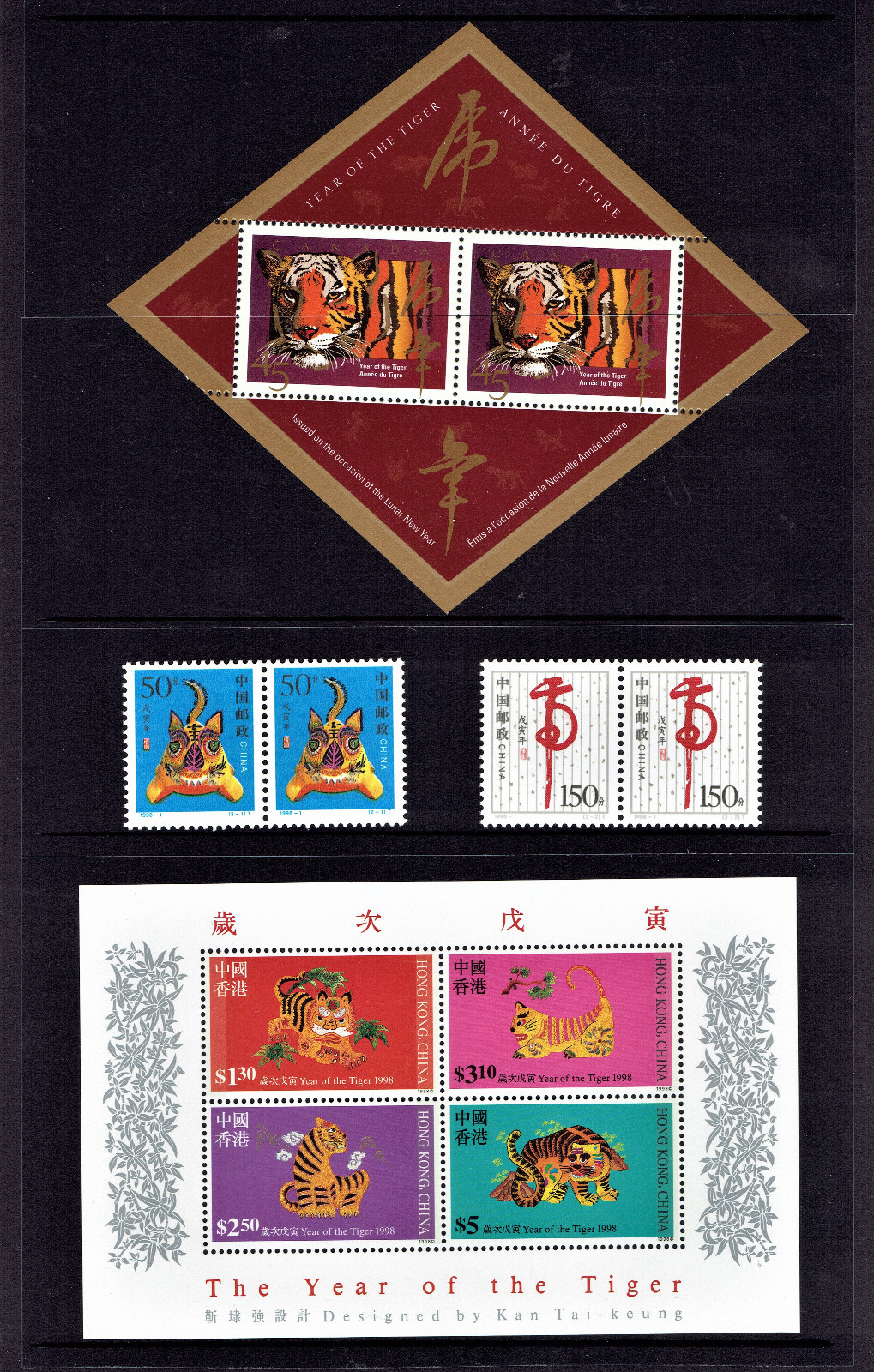 “1998 Year of the TIGER” - Pack w/ 1998 Canada, China & Hong Kong Postage Stamps