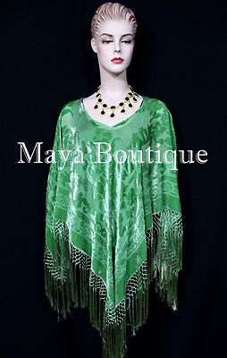 Pre-owned Maya Matazaro Green Silk Burnout Velvet Poncho Fringe Top Shawl Hand Dyed