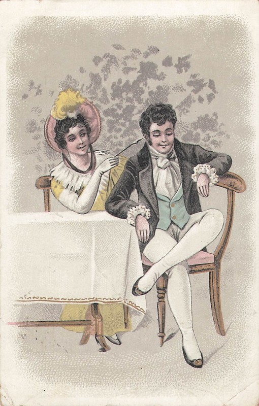 Cp Illustree A Table Femme Chapeau Chatouille Oreille Homme Elegant - 23981