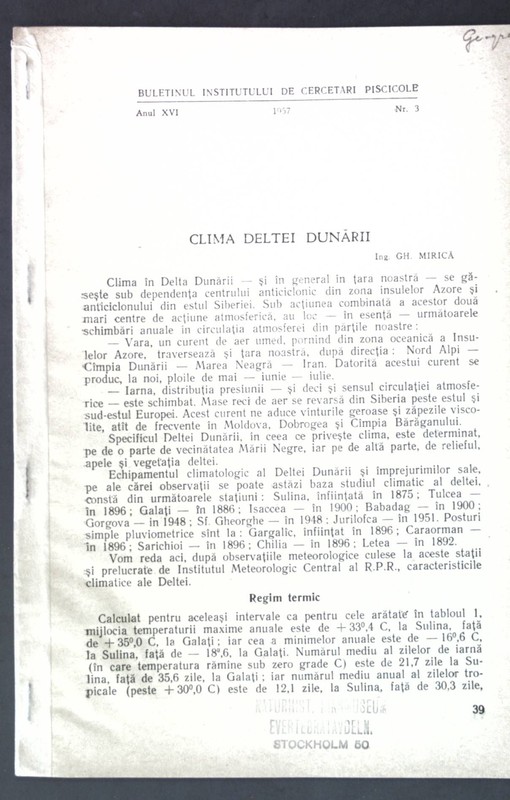 Clima Deltei Dunarii; Aus: Buletinul Instututului De Cercetari Piscicole; Mirica