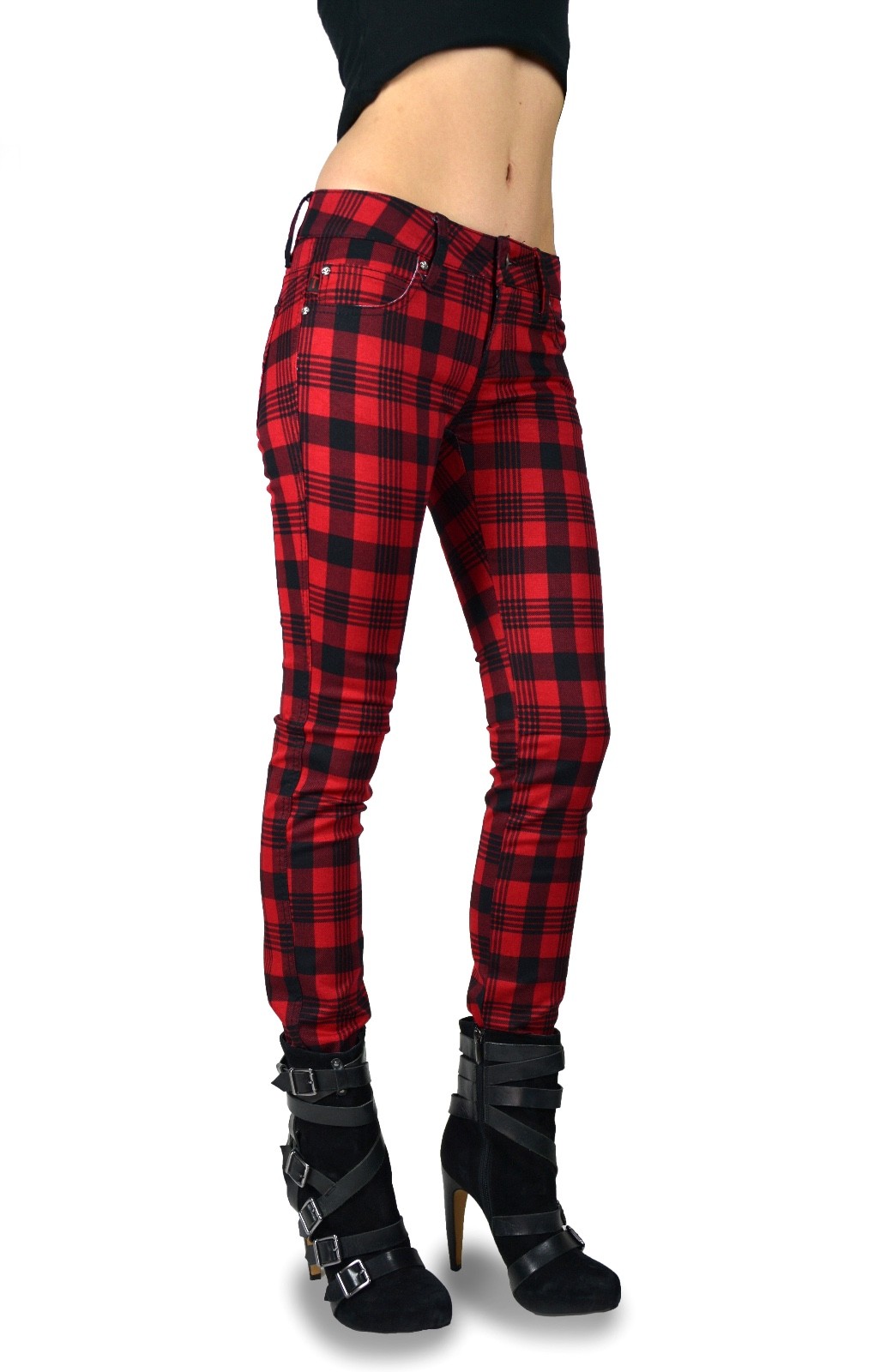 TRIPP SMALL RED BLACK PLAID HIGH WAISTED SKINNY JEAN PANTS TRIPP SMALL RED BLACK PLAID HIGH WAISTED SKINNY JEAN PANTS