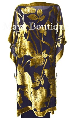 Pre-owned Maya Matazaro Caftan Dress Kimono Silk Burnout Velvet Antique Gold Blk Hand Dyed