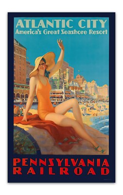 Edward Eggleston ''ATLANTIC CITY'' Beach 1930s Art Deco, Poster Reprint 12x19''