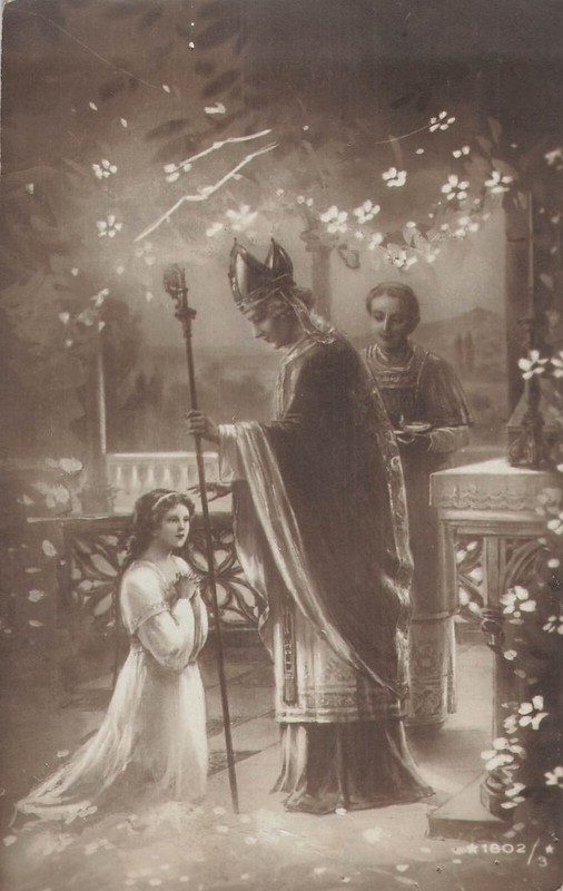 Cp Illustree Jeune Communiante A Genoux - Eveque Cardinal - 27301