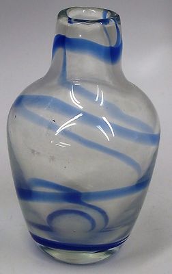 Antique Hand Blown Bottle or Vase Blue Swirl in Clear Glass