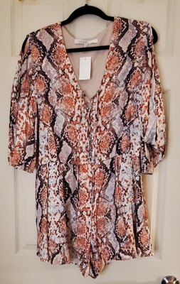 Lovers + Friends Epiphany Lace Up Snake Romper Brown Pink  Womens L Large 
