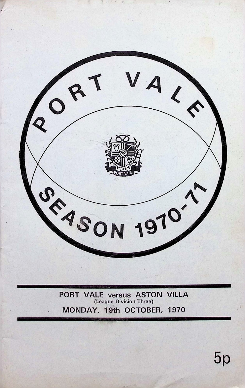 Port Vale v Aston Villa 1970-1971 Division Three 19/10/1970