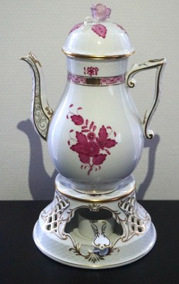 Herend Hand Painted Porcelain Coffee Pot & Warmer Inlaid with Gold