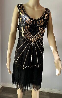 Real Vintage Search Engine Flapper Dress Black & Gold Sequin XL 1920’s Gatsby Costume Stunning $32.99 AT vintagedancer.com