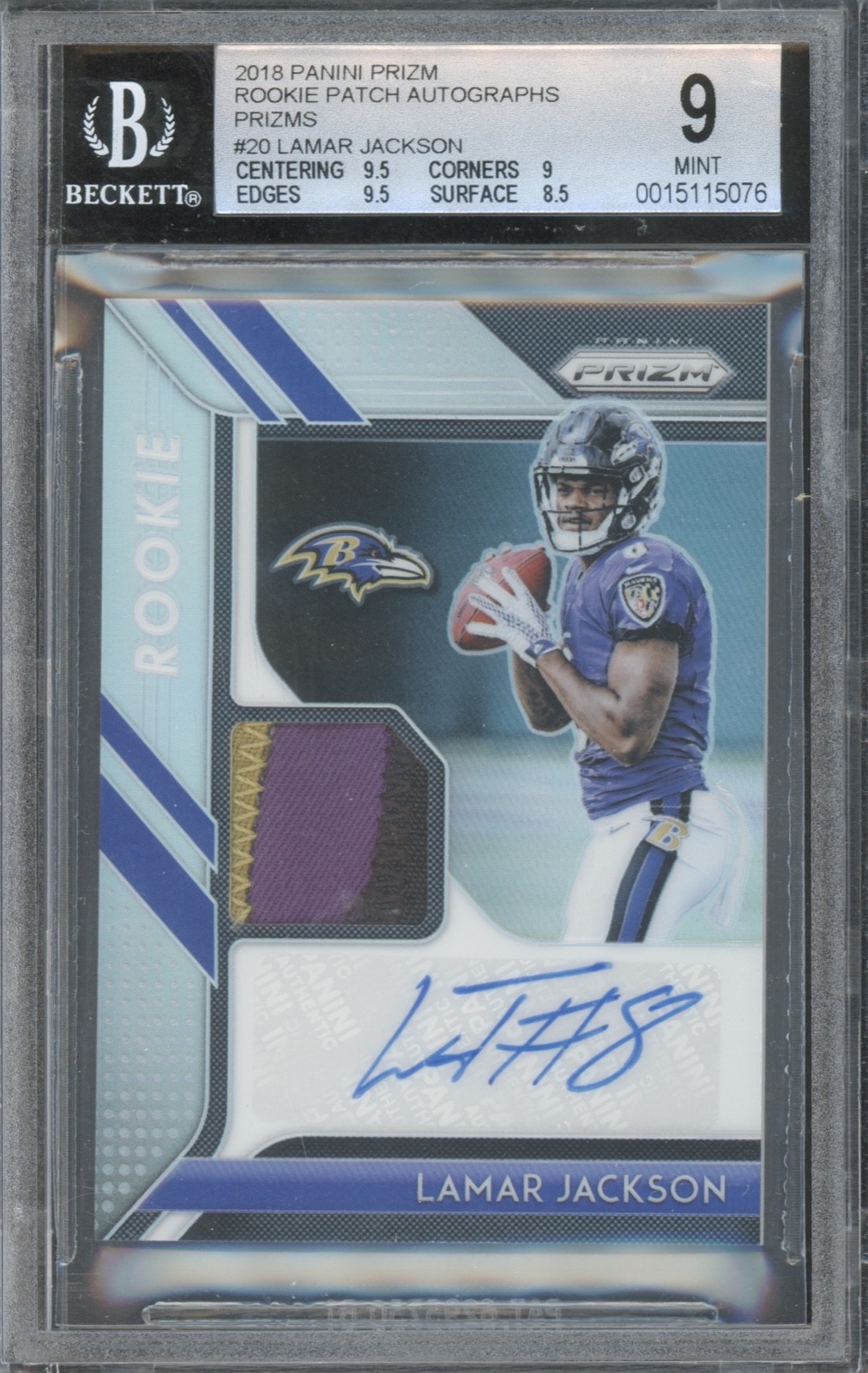 2018 Panini Prizm Silver #20 Lamar Jackson /99 Auto Patch RC Mint BGS 9 10 Auto