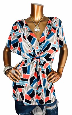 Daisy Fuentes 1X Plus Top Geometric Stretch Twisted Low V Cut Blouse Short Slvs