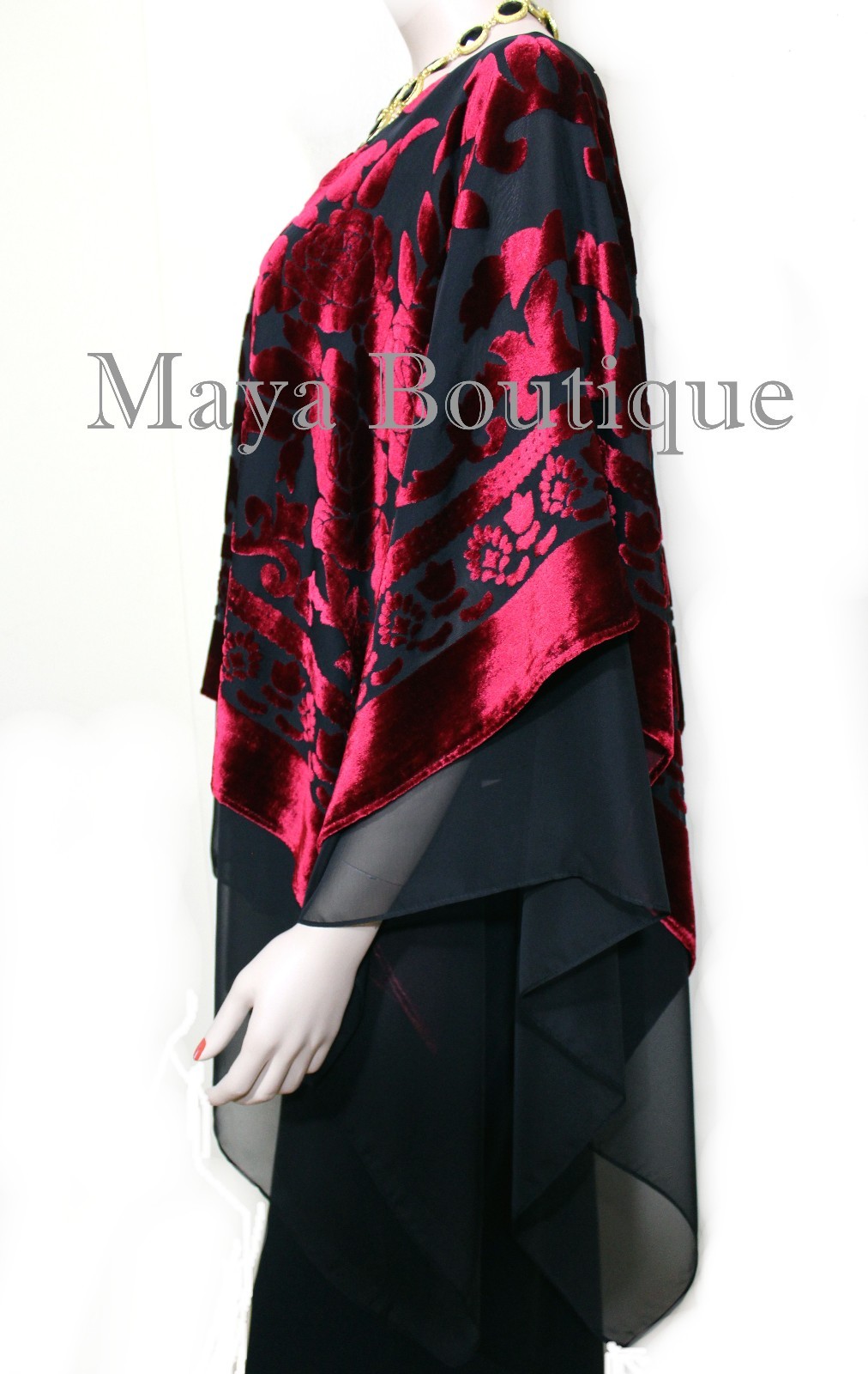 Pre-owned Maya Matazaro Maya Hand Dyed Layered Poncho Top Red Black Burnout Velvet & Chiffon Made In Usa