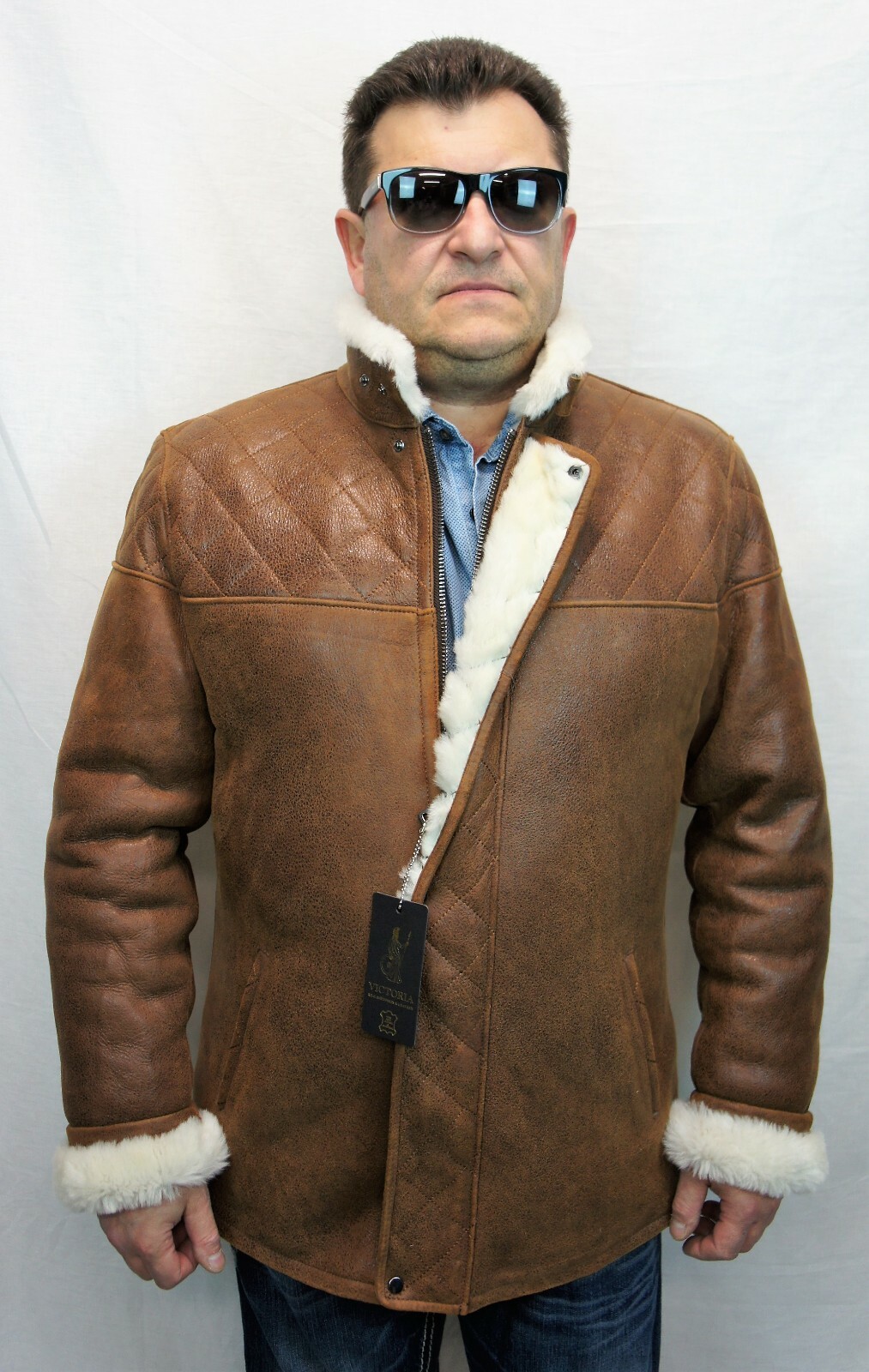 Pre-owned Victoria Real Sheepskin Shearling Leather Men Quilted Car Coat Jacket, Cognac Rust, S-8xl