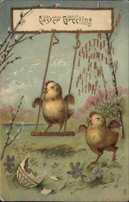 Easter Fantasy Chicks Playing on Swings c1910 Vintage Postcard