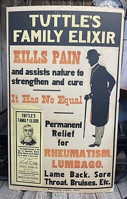 Early 1920s Vintage Tuttle’s Family Elixir Quack Drug Store Poster Sign Boston