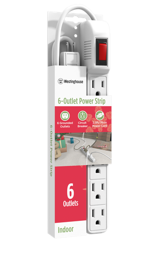 Westinghouse 28026 6-Outlet Grounded Power Strip with 2.5 Foot Cord, White