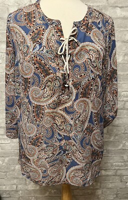 Faded Glory Women's Peasant Top Blouse Plus 2X Paisley Blue/Pink Boho 3/4 Sleeve