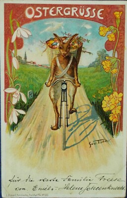 EARLY RARE 1899 Signed Art Nouveau Rabbit bicycle deliver eggs Germany Frankfurt