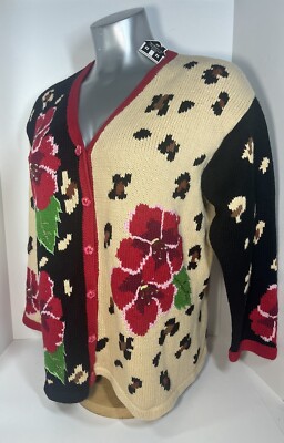 STORYBOOK KNITS Embellished Red Hibiscus Sweater Black Tan Leopard Print NWT 3X