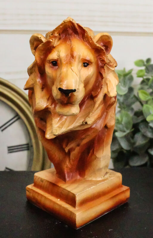 African Safari Lion King Of Pride Rock Bust Small Faux Wood Carving Figurine