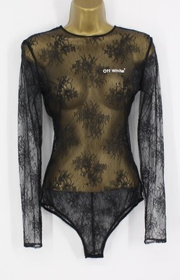 OFF WHITE WOMENS BODYSUIT LACE SHEER LONG SLEEVE BLACK  RRP £310 IB