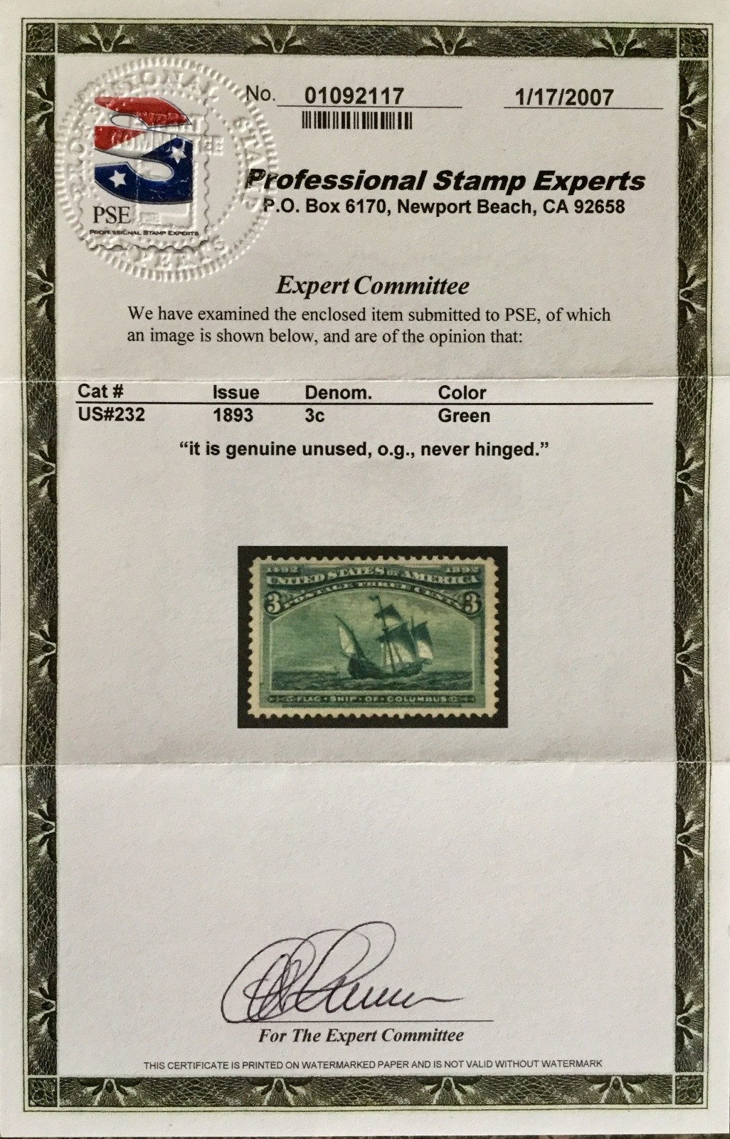 #232 OG NH, XF Jumbo 3c Santa Maria Flagship Columbus, Beauty w/2007 PF Cert