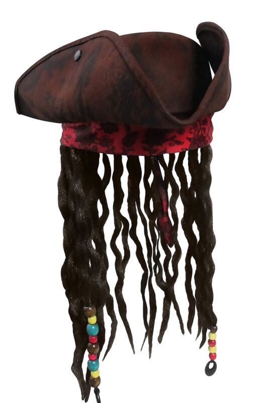 Child Buccaneer Caribbean Sparrow TriCorn Pirate Hat Dreadlocks Hair Costume