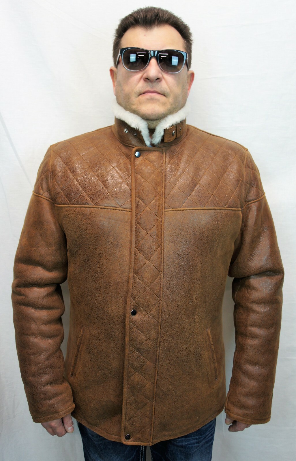 Pre-owned Victoria Real Sheepskin Shearling Leather Men Quilted Car Coat Jacket, Cognac Rust, S-8xl