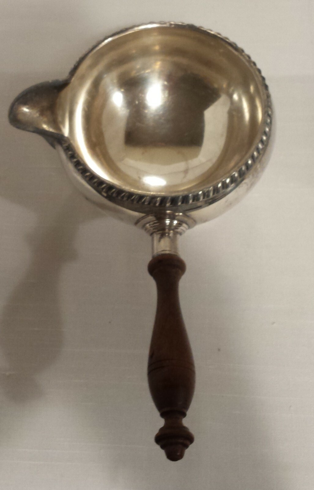 CRESCENT SILVER PLATE BRANDY SAUCE WARMER w/ WOODEN HANDLE