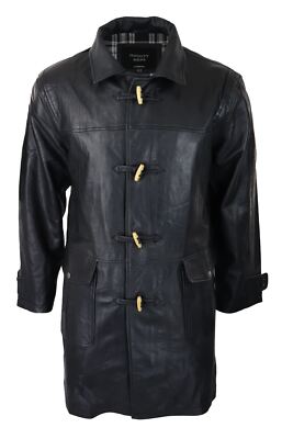 Pre-owned Truclothing Mens Black Real Leather Duffle Jacket Coat Toggle Classic Fisherman Hooded 3/4