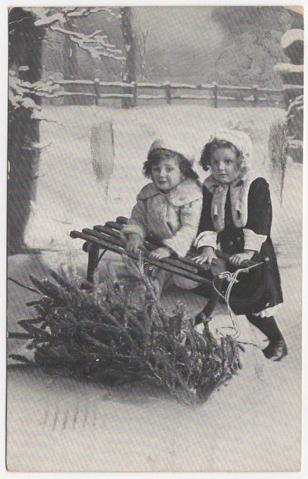 RPPC POSTCARD CIRCA 1920s TWO CUTE LITTLE GIRLS IN SNOW WITH SLEIGH CAMBRIDGE MA