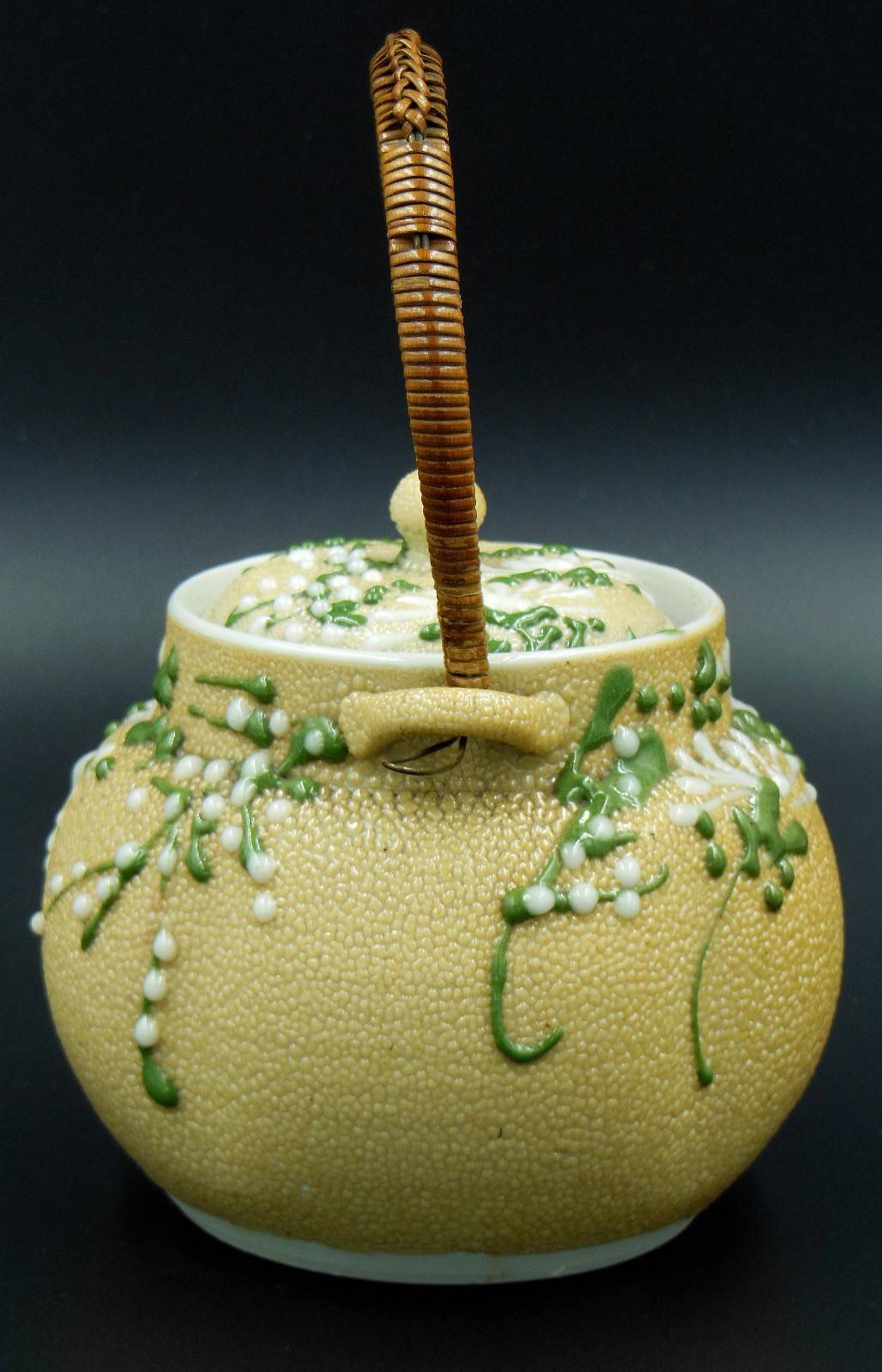 Antique Japanese Moriage Meiji Sharkskin Pottery Teapot Orange Peel Glaze