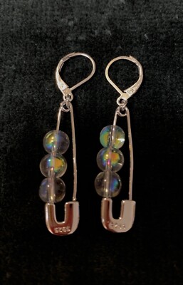 925 sterling silver Safety Pin Earrings With Crystal Glass  Marked Excellent