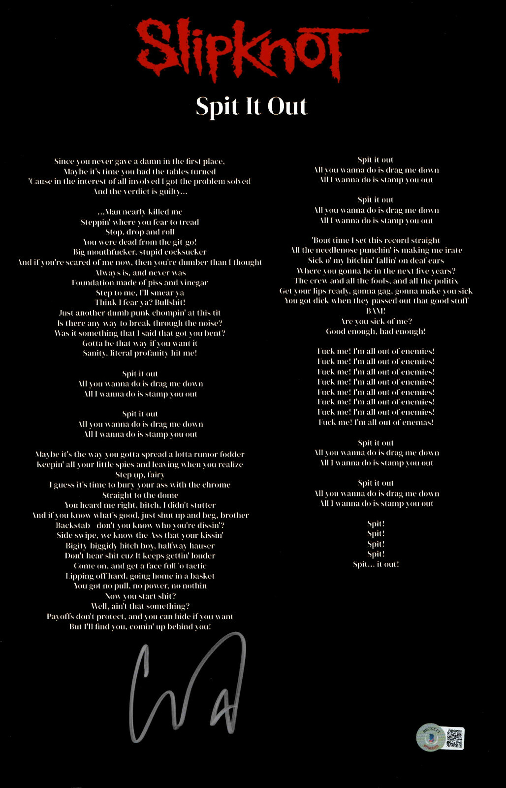 Corey Taylor Signed Autograph Spit It Out Slipknot 11x17 Lyrics 