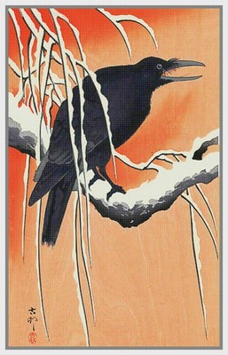 Ohara Shoson Koson Asian Crow Rain Orange Background Counted Cross Stitch Chart